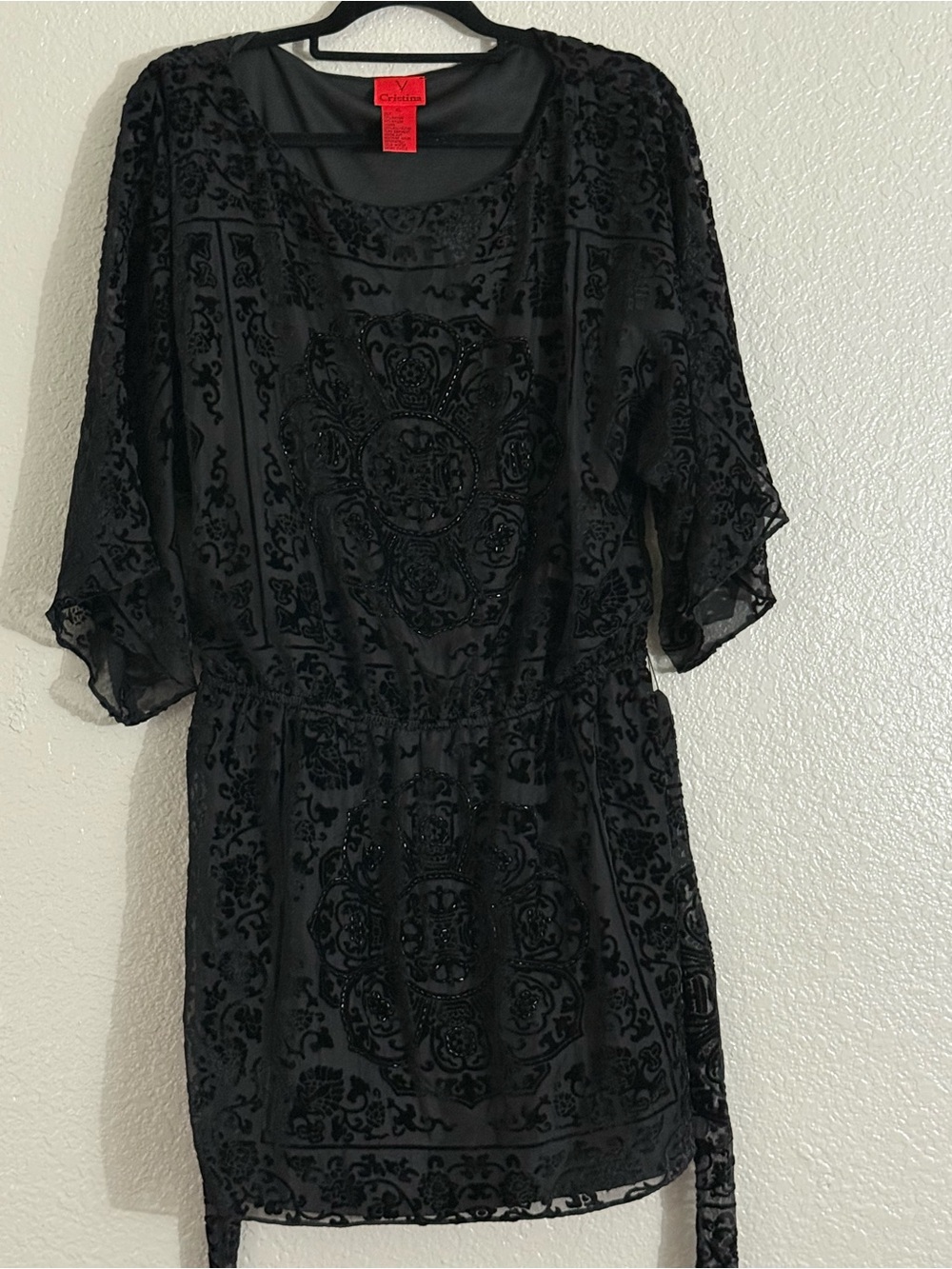 V by Cristina XL Black Velvet Flocked Dress Gothic Vampire Whimsigoth Y2K Grunge - Picture 4 of 8